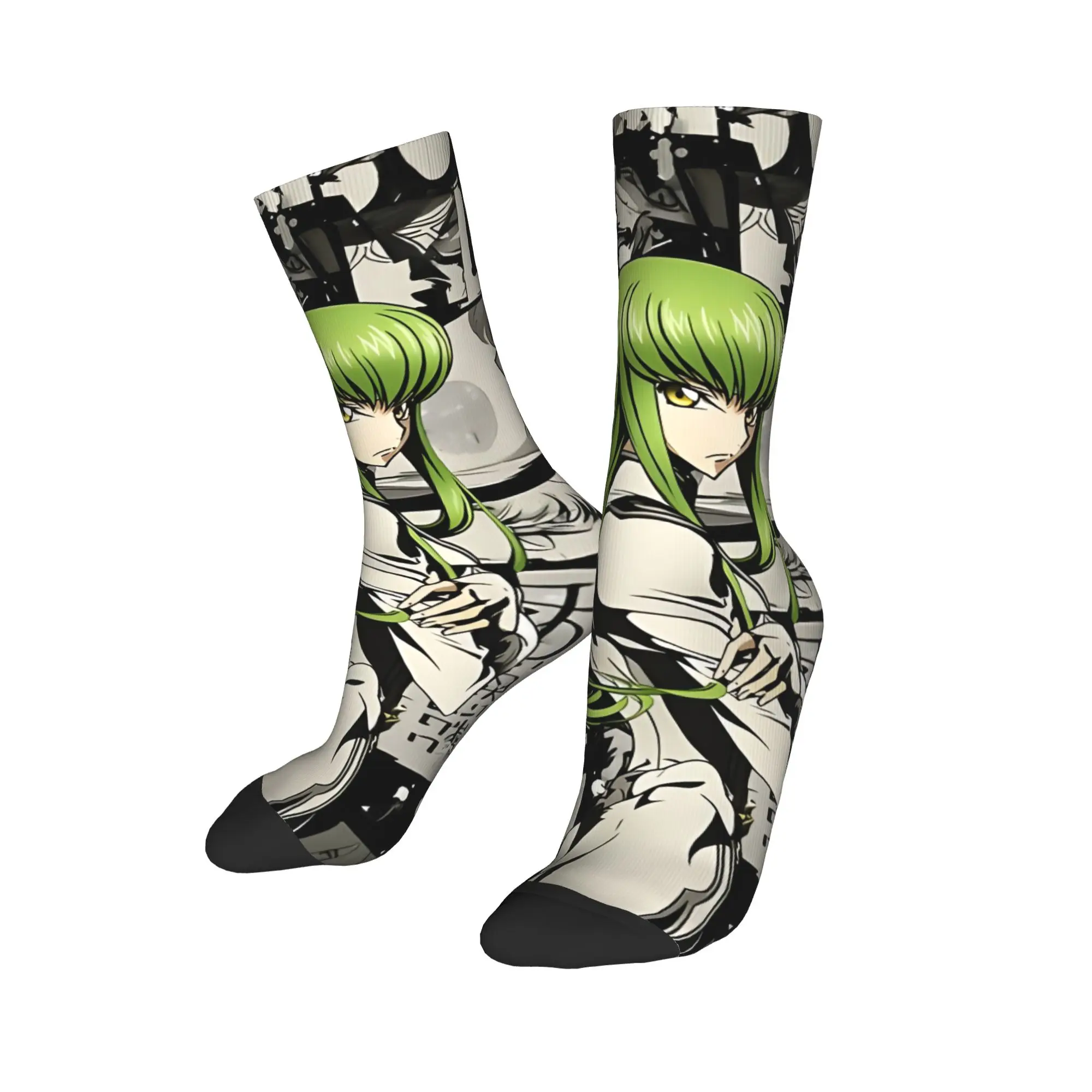 Funny Sock Bandai Code Geass Green Hair Baddie Manga Panel Vintage Seamless Pattern Printed Men Crew Socks Novelty Men's Socks