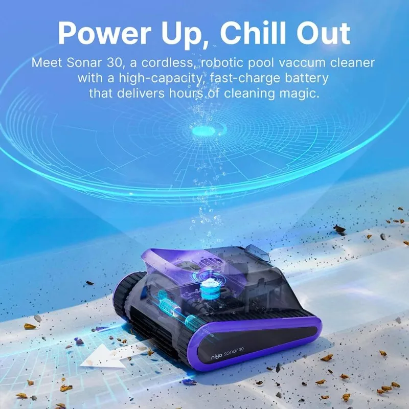 منظف حمام السباحة الآلي اللاسلكي Niya Sonar 30 من The Creators of Dolphin، يصل إلى 33 قدمًا في طول حمام السباحة، وتسلق الجدار