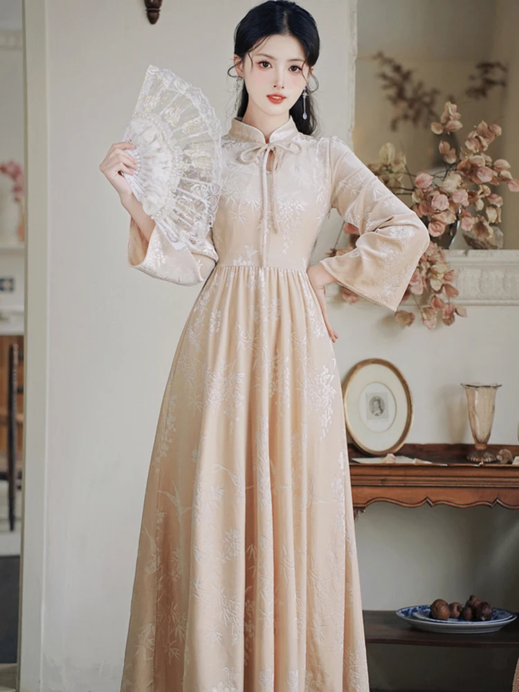 Vrouwen jacquard chique strik opstaande kraag maxi-jurk herfst winter Koreaanse vintage luxe jurk jurk 2025, elegante bodycon feestjurk