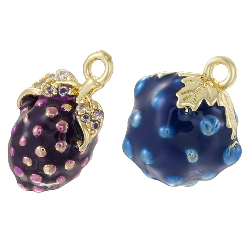 18K Gold Plated Enamel Raspberry and Blueberry Charms with CZ Crystal Inlaid Fruit Pendant for DIY Jewellery Making:VD2504 VD250