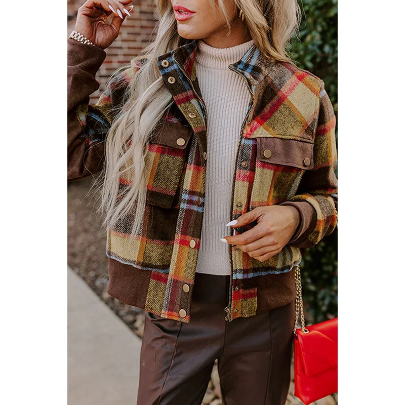 

2025 Autumn Winter New Plaid Color Block Long Sleeve Jacket for Women European and American Fashion Trend Versatile Stand Collar