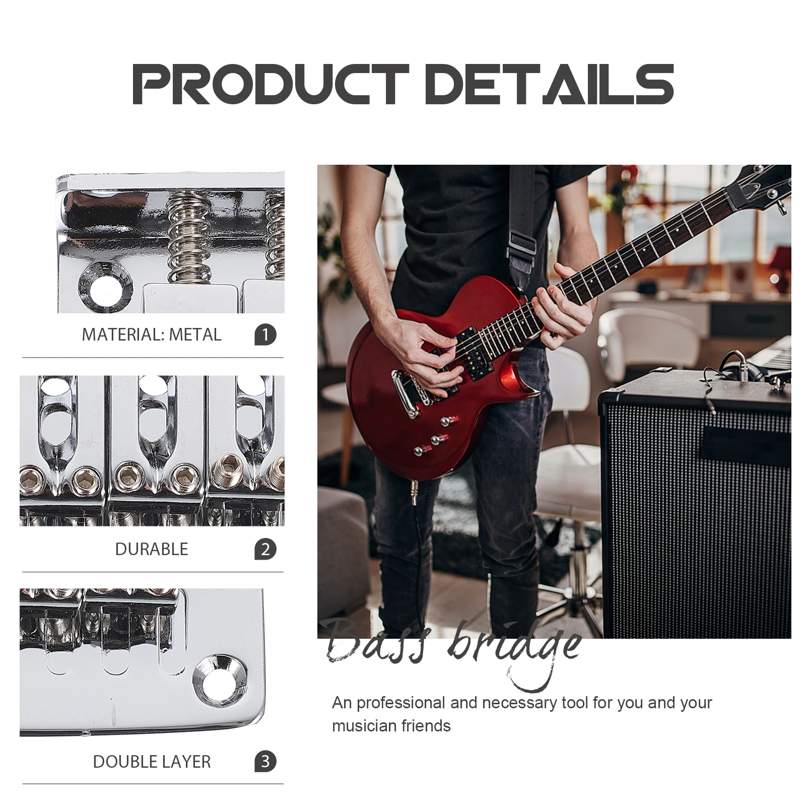 

Metal Bass Guitar Bridge 3 String Adjustable Top Load Vintage Style 4 Screws Compatible With Jazz Silver