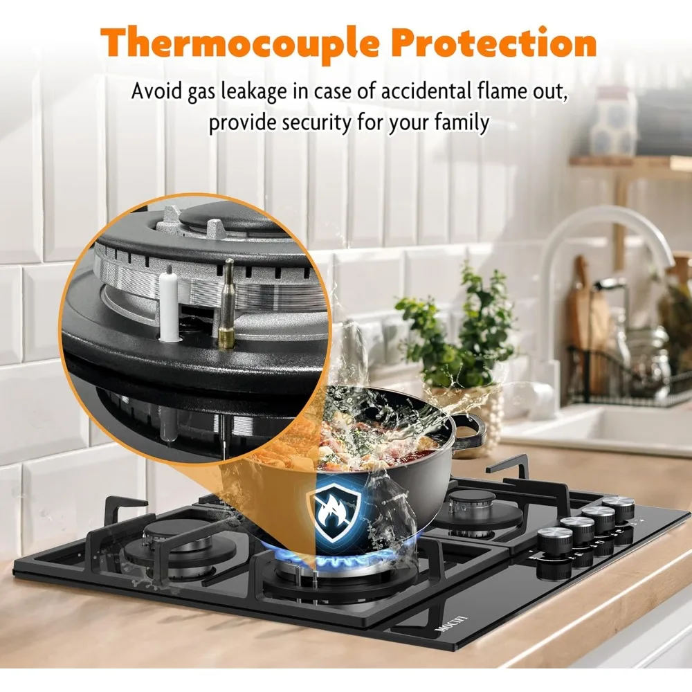 Kompor Gas Tanam 24 Inci 4 Tungku - Permukaan Kaca Temper Hitam dengan Kit Konversi Bahan Bakar Ganda NG/LPG, Proteksi Termokopel