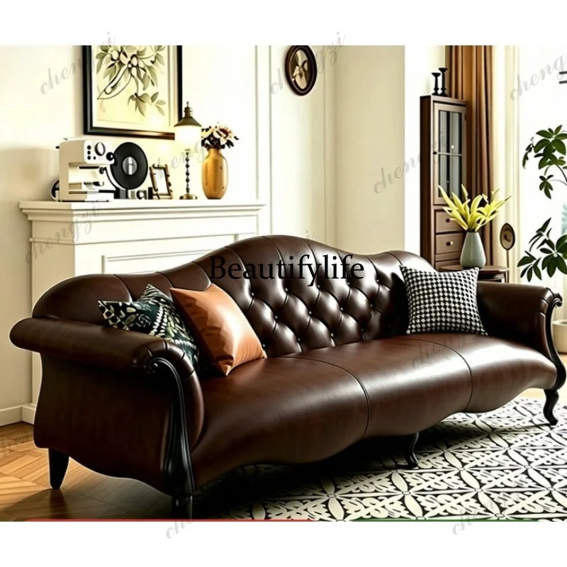 American leather sofa small apartment living room straight row French antique medieval style, retro high-end living room