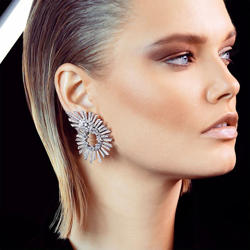 

SENYU Luxury Gold,Silver Plated Zircon Curly Wreath Big Stud Earrings Fashion Jewelry for Women Nigeria Wedding Big Earrings