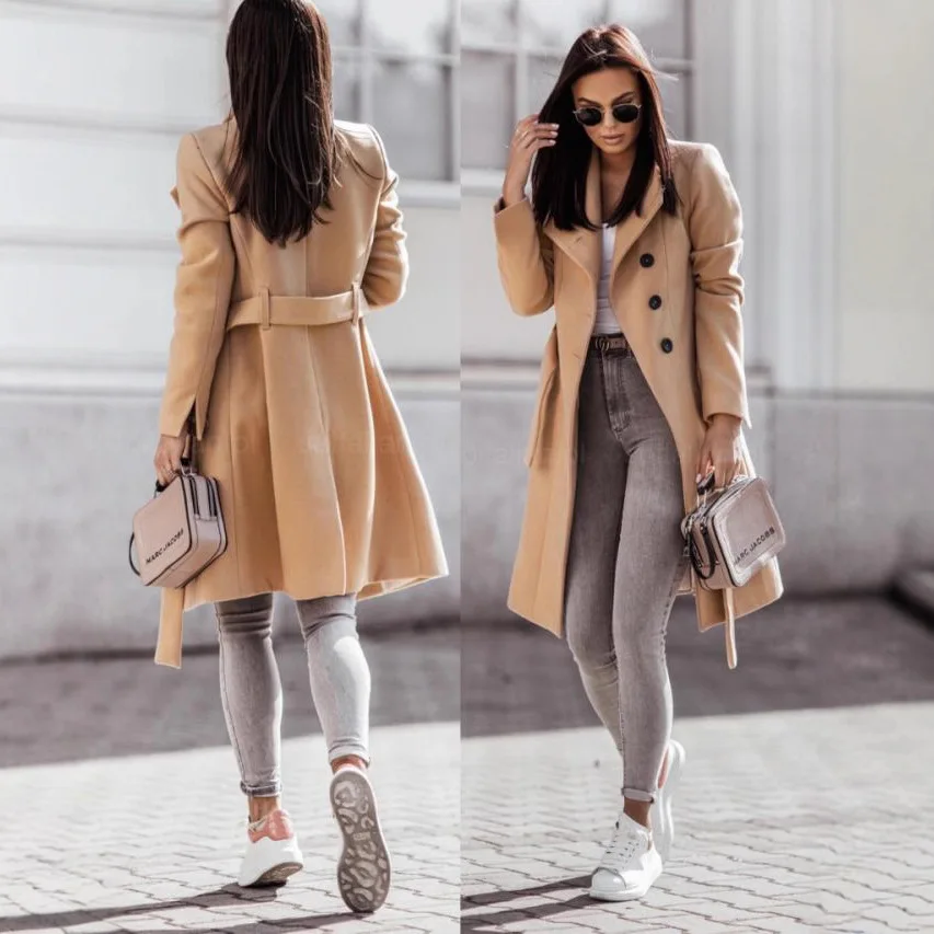 معطف صوفي سترة المرأة معطف الصوف الخريف الشتاء واحدة الصدر رفض طوق حزام مكتب سيدة خمر ملابس خارجية #3