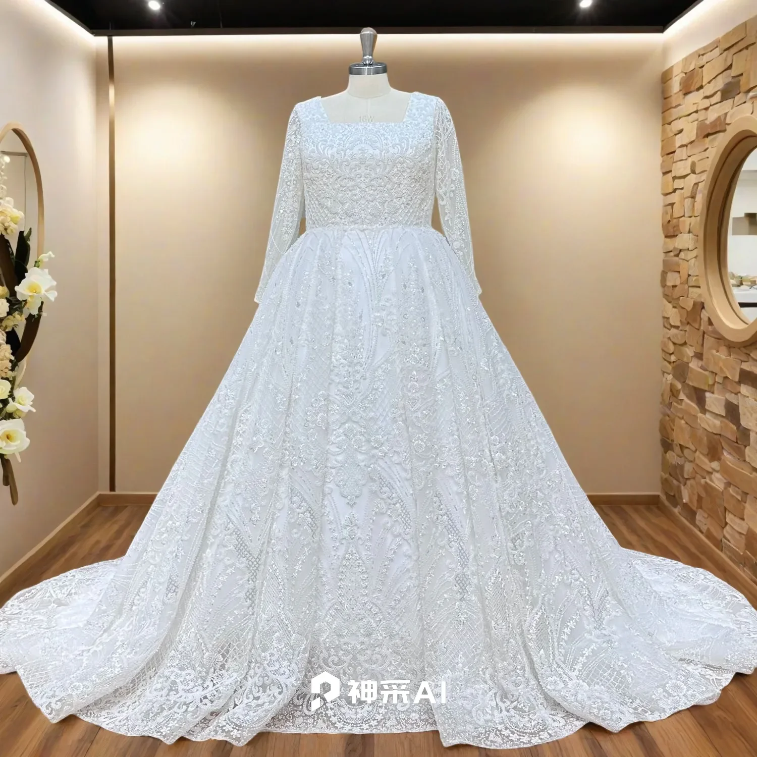 

Hire Lnyer Square Neck Long Sleeve Full Shiny Beads Pearls Gorgeous Ball Gown Wedding Dresses Real Office Photos Video