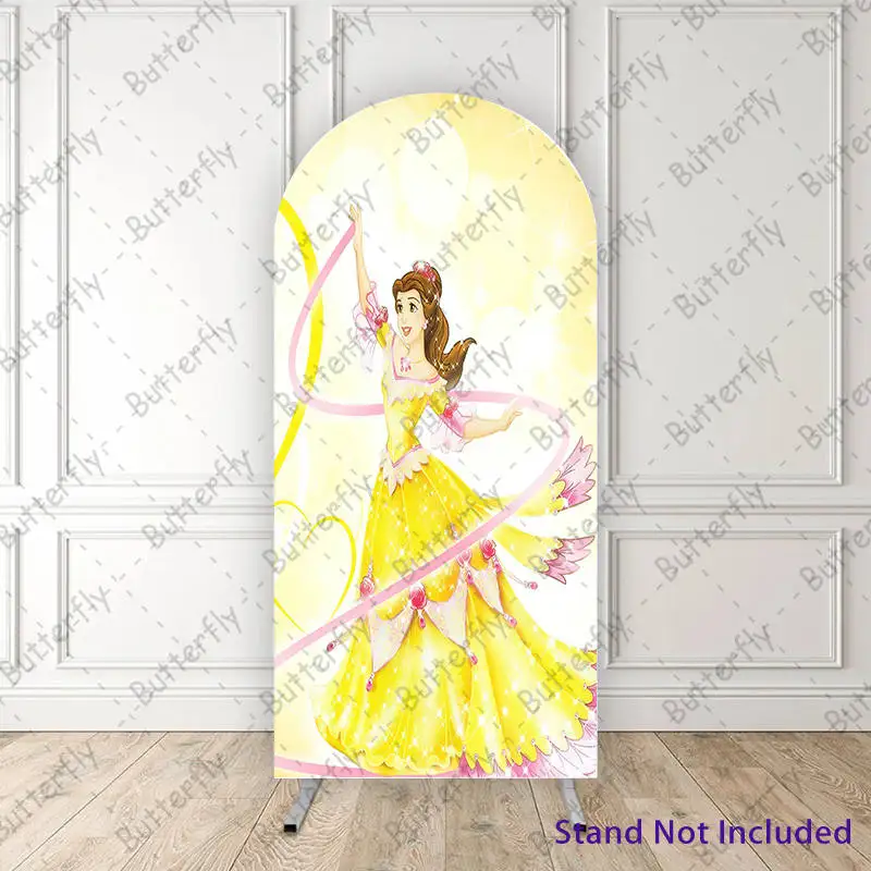 

Disney Cartoon Belle Princess Yellow Dress Beauty And The Beast Arch Backdrop Cover Girls Birthday Party Background Decoration