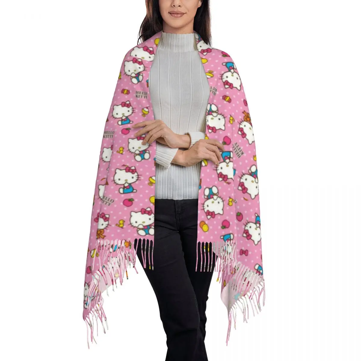 CustomHello Kitty Pattern Scarf Wrap dla kobiet Długi zimowy jesienny ciepły szal z frędzlami Unisex Sanrio Cartoon Scarves