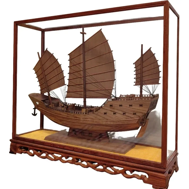 Chinese pure handmade Zheng Hefu ship solid wood ship model home decoration ornament with glass cover gift box collection