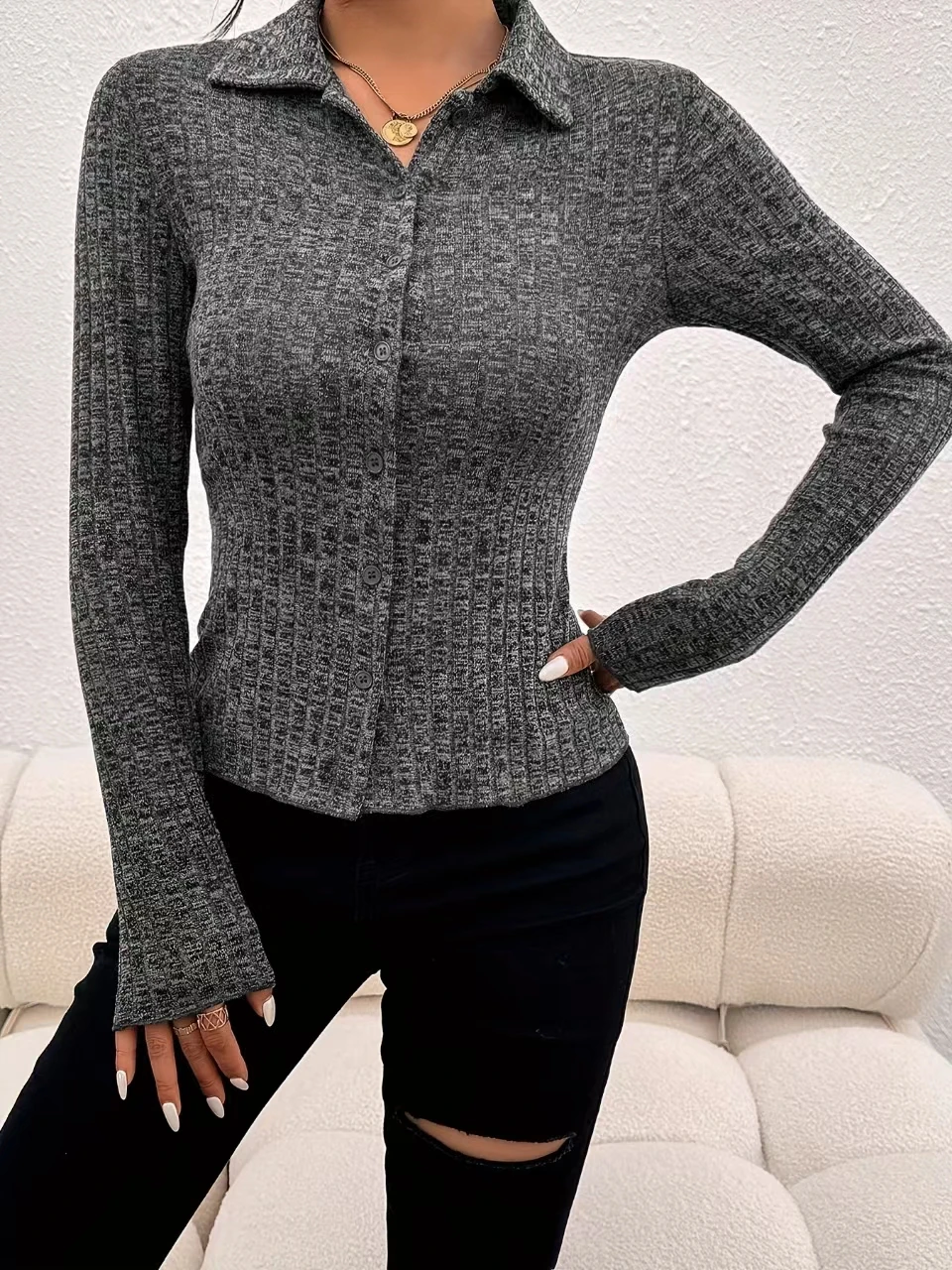 Womens Chic Solid Knit Cardigan - Soft Button Down with Turndown Collar - Long Sleeve Slim Fit - Trendy & Elegant Casual Wear