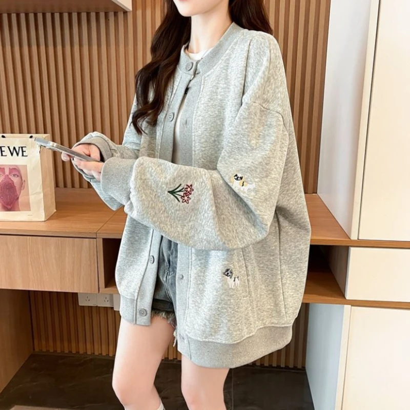 

Женский свободный кардиган с милой мультяшной собакой и вышивкой, весенне-осенняя легкая вязаная куртка большого размера, повседневная стильная верхняя одежда