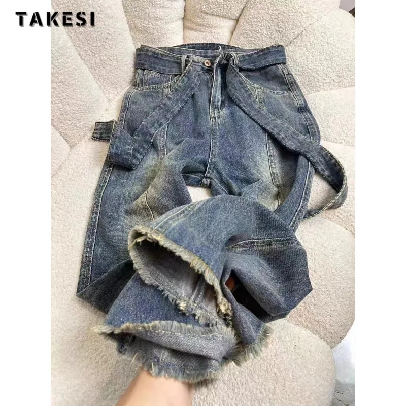 

Women Retro Wide Leg Baggy Denim Trouser Harajuku Vintage Belted Tassels High Waist Loose Jeans 2024 Spring Casual Fashion Pants