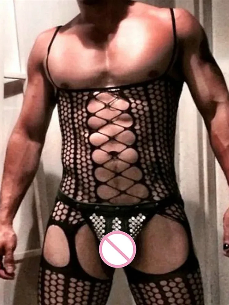 New Men Hollow Out Fishnet Full Bodysuits Sissy Jumpsuit Bodystocking Sexy Lingerie Gay Leotard Breathable See Through Bodycon