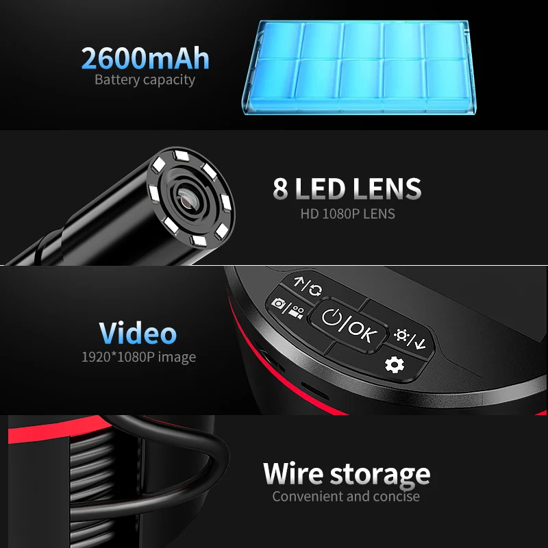 Industrial Endoscope 8mm 1080P HD stwoable Digital Borescope Inspection Camera 4.3 " IP67 Waterproof Snake Camera with 8 LED