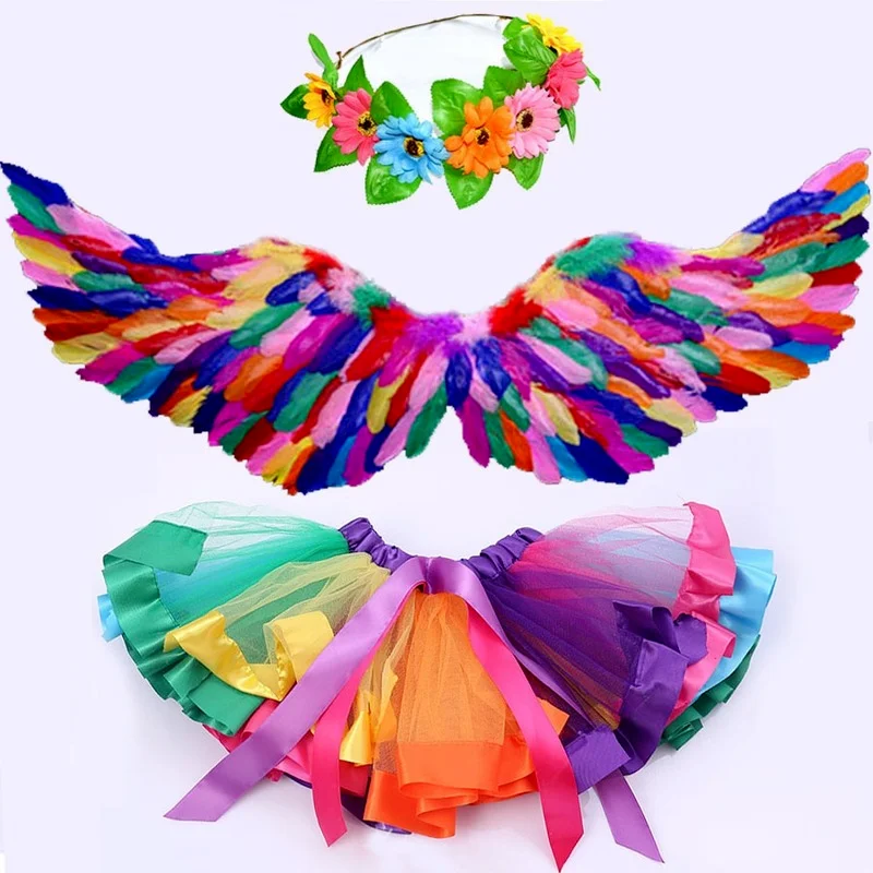 

Girls 3D Angel Wings Party Skirt Tutu Halo Ring Wreath Black Devil Decoration Cosplay Christmas Halloween Costume