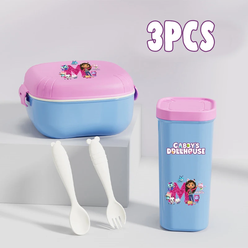 

Gabby Dollhouses Lunch Box with Spoon Fork Water Bottle Set 3pcs Cute Portable Bento Boxs Hermetic Food Crisper Double Layer