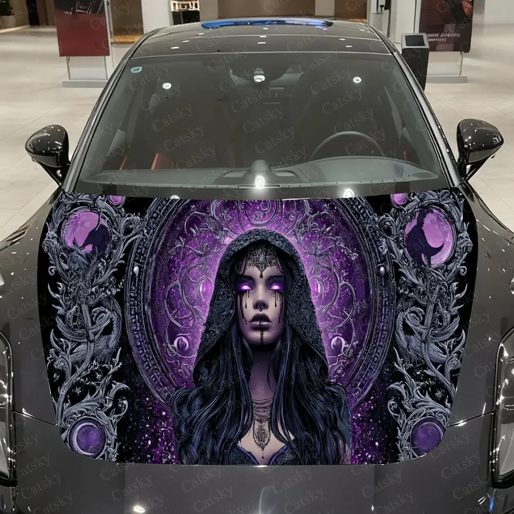 Gothic Magic Witch Car Vinyl Wrap, PVC Waterproof Car Hood Sticker, Self-Adhesive Scratch-Resistant Engine Cover Sticker