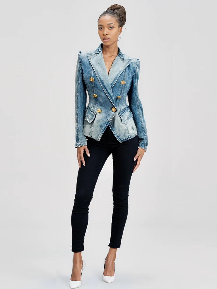 HOHE QUALITÄT Denim Jacke Blazer Frauen Neue Designer Schlank Zweireiher Lion Button Anzug Outfits Denim Blazer Mantel 2024