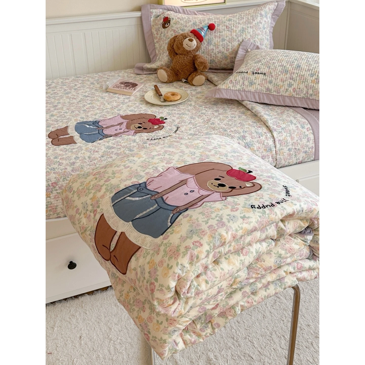 

Корейский комплект постельного белья из чистого хлопка, двухслойное одеяло-плед с цветами и кроликами, всесезонное покрывало