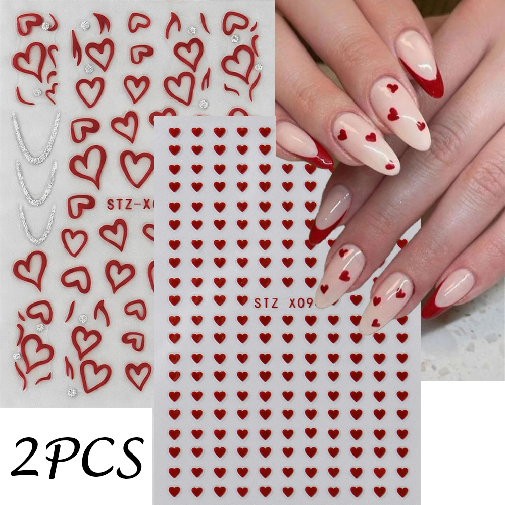 2PCS Mini Red Heart Valentines Nail Stickers Sweet Red Pink Love Self-adhesive Nail Decoration Decals Romantic Manicure Supplies