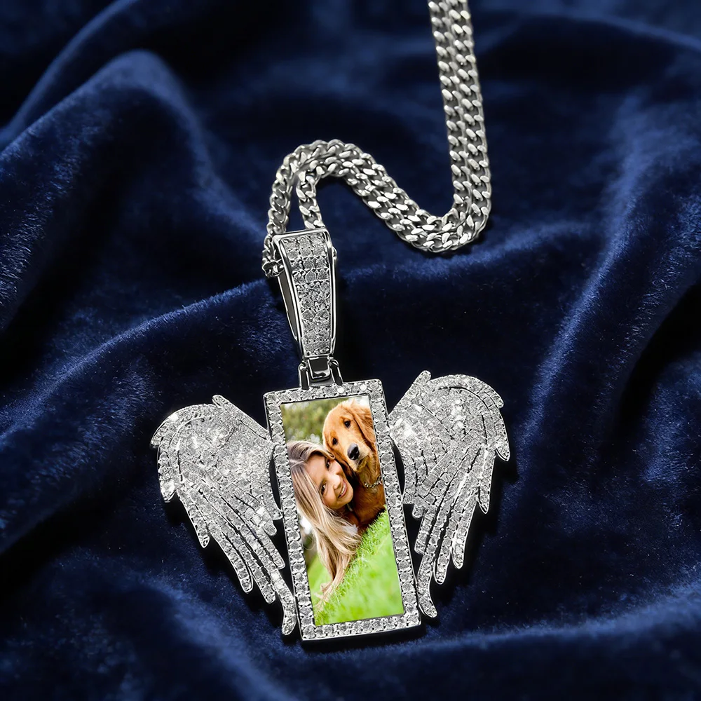 

Customized Picture Iced Rectangle Wing Pendant Necklace Hiphop Rock DIY Cubic Zirconia Anniversary Memorial Gift