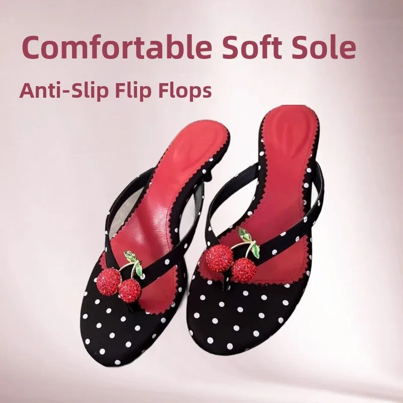 

Adorable Polka Dot Cherry Pattern High Heel Sandals Casual Versatile Women's Slip-On Flats Rubber Sole Comfortable Shoes