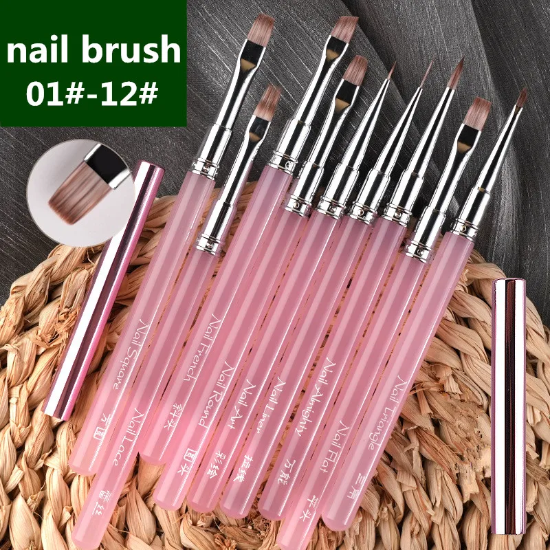 1/12PCS Roze Acryl Handvat Nail Art Brush Driehoekige Tekening Schilderen Lijn Pen Liner Franse Manicure Gereedschap