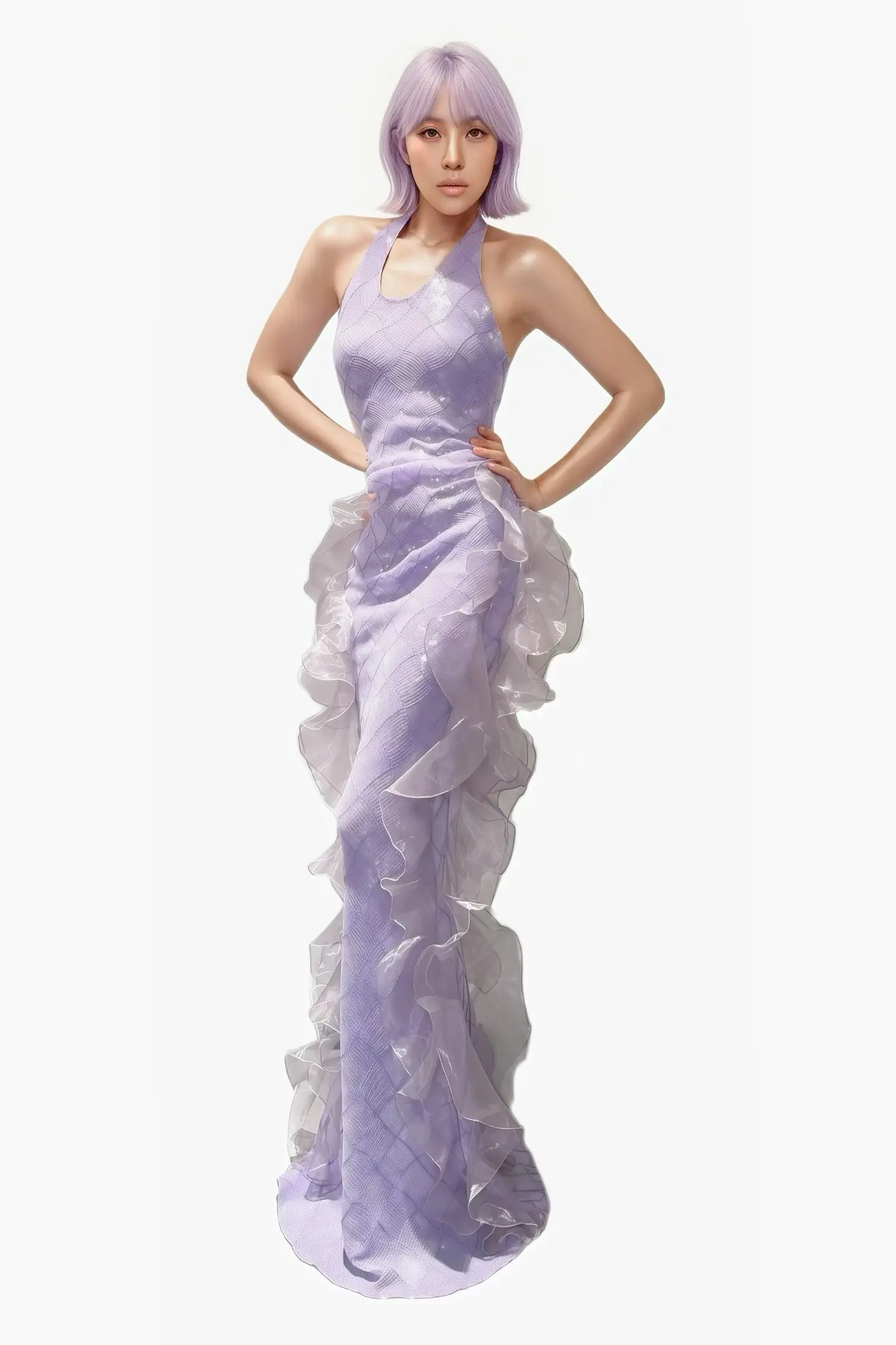 Yuni Elegant Halter Neck Lavender Sequined Mesh Mermaid Long Dress Irregular Cascading Organza Ruffle Bridal Gala Outfit - view 4