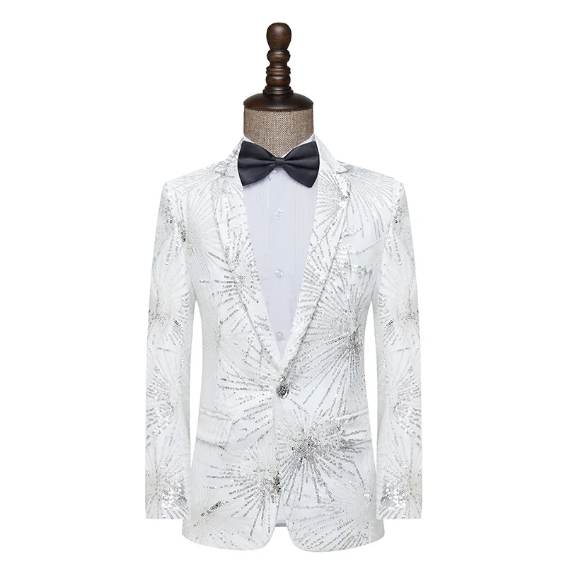 2023 Men White Sequined Suit Jacket Stage Performance and Show Host Studio Suit