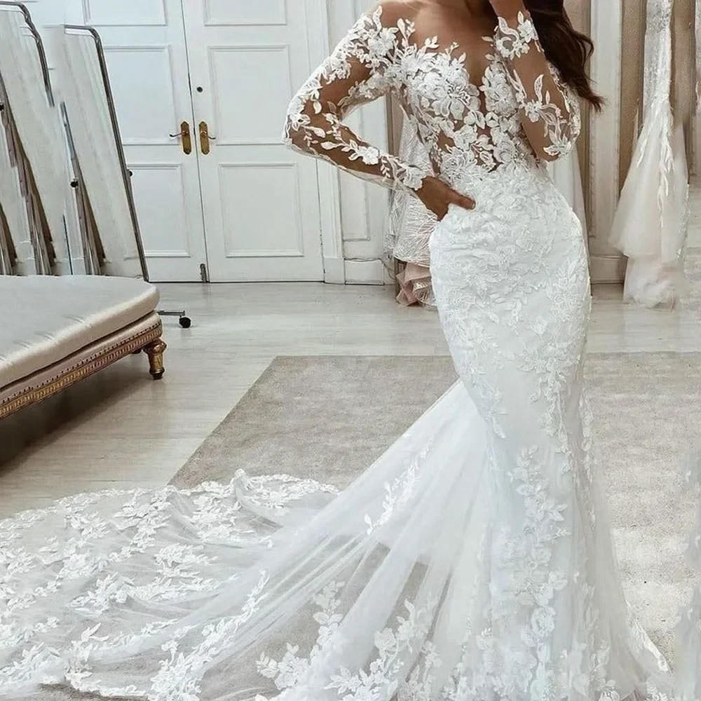 Dantel düğün elbisesi es v yaka seksi Mermaid gelin önlükler vestidos de vestidos uzun kollu zarif aplike düğün elbisesi