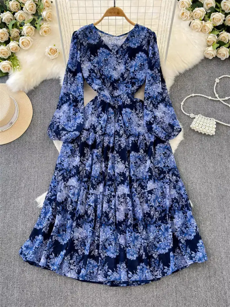 

2024 Fashion Woman Dress Spring And Autumn Korean Temperament Long Sleeve Waist Slimming A Line Printed Dress Elegant Robe K370