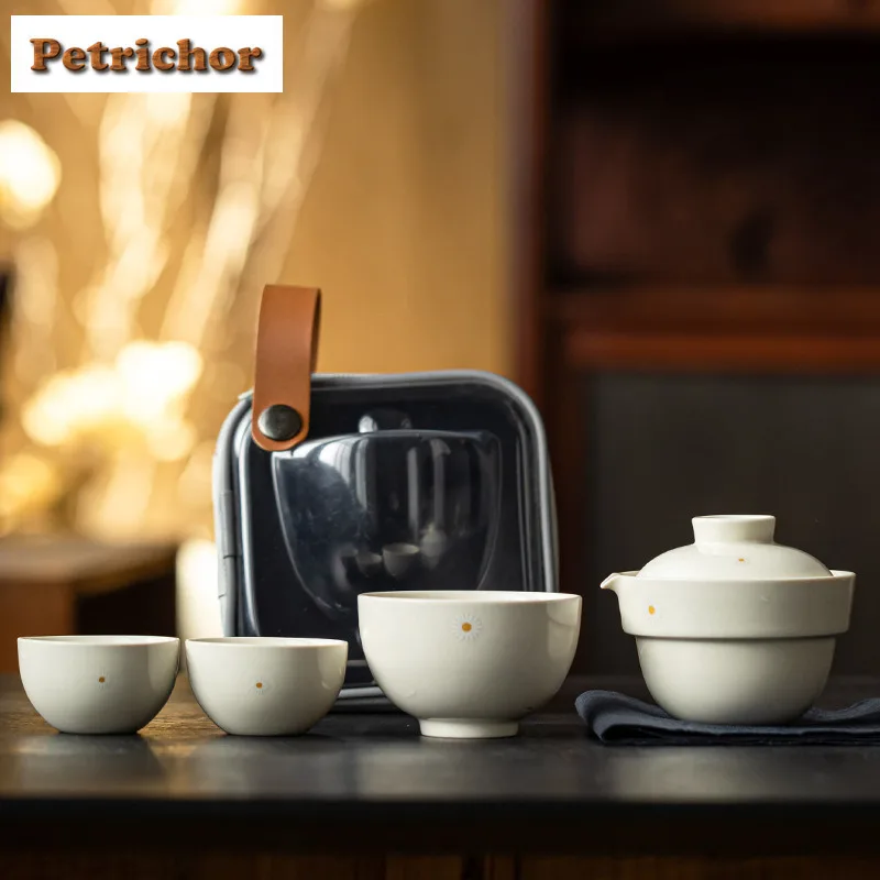 

Ручной рисунок, маленькая ромашка, ясень, дорожный чайный сервиз, комплект, эстетический 1 горшок, 3 чашки, чайник, органайзер, портативная сумка для пикника, ремесло