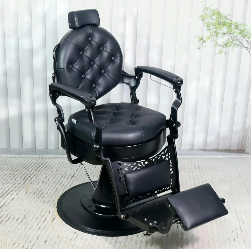 

@#2026 Wholesale Price Luxury Aluminum Frame Vintage Gold Hair Salon Furniture Barber Chair for Men