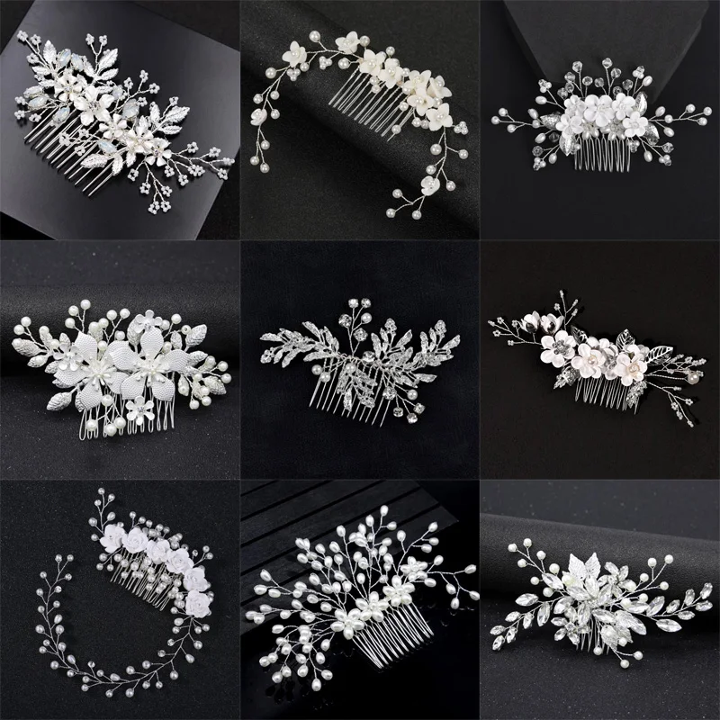 Silver Color Pearl Crystal Wedding Hair Combs Hair Accessories for Bridal Flower Headpiece Women Bride Hair ornaments Jewelry