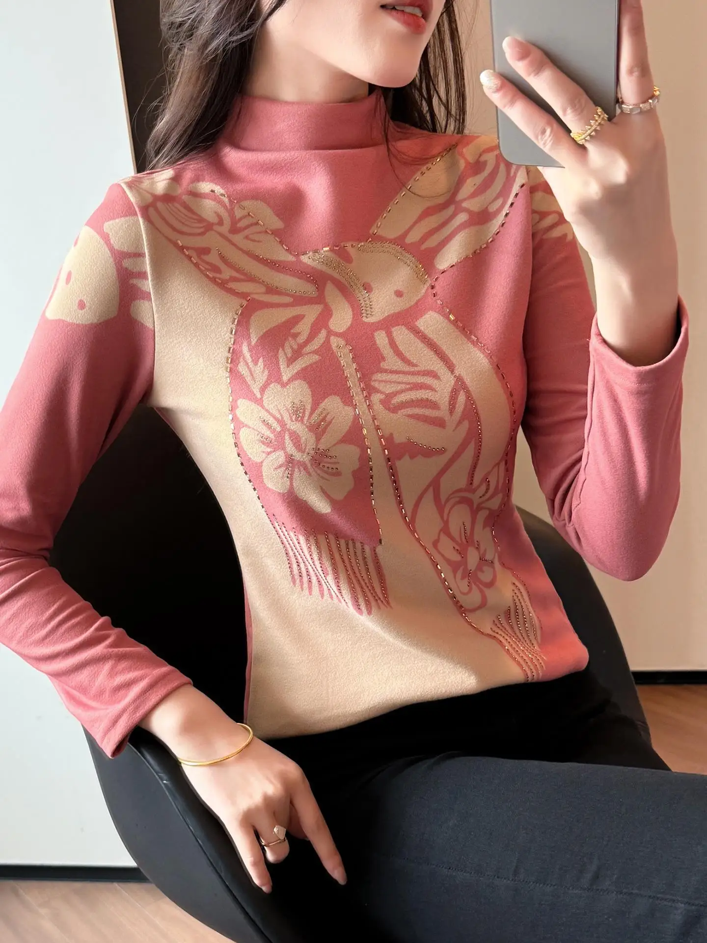 

Женская осенне-зимняя футболка Thiened Base в европейском стиле с принтом, модная, длинная, с высоким воротником, облегающая, трендовая