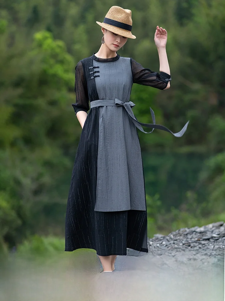 

Artistic Reimagined Retro Patchwork New Chinese Style Dress Original Design Single Piece A-Line Long Dress Summer Commute Wear