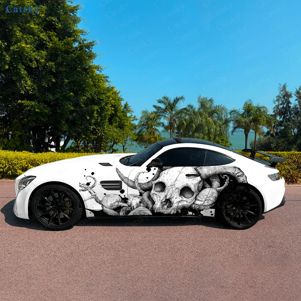 Horror Skull Goat Horn Car Vinyl Wraps Decal Self-adhesive PVC Sticker Suitable for Trucks SUV Decoration Auto Accessories Gift