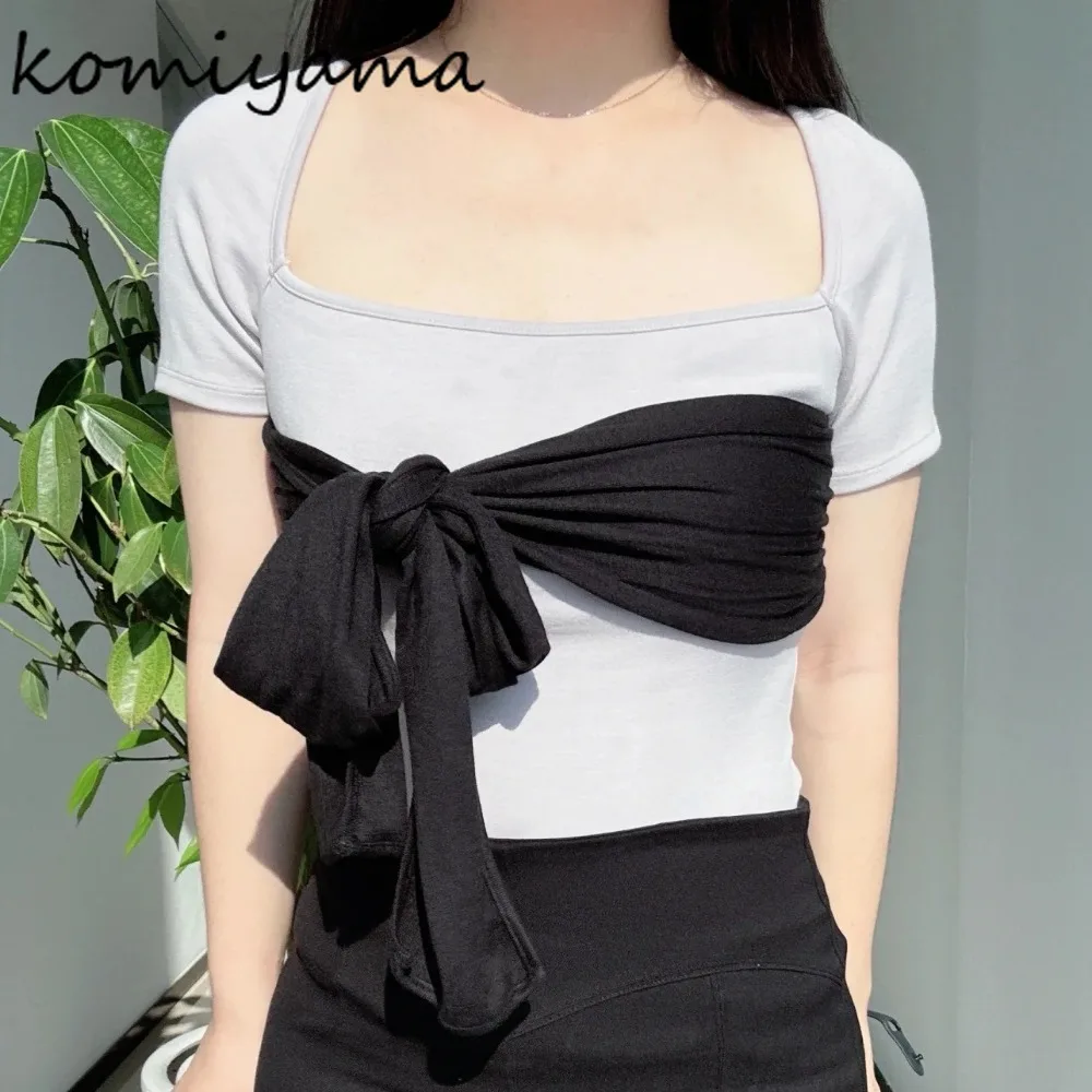 

Spice Girl Bow Ropa De Mujer Sexy Square Collar T Shirts Summer Woman 2025 Roupas Short Sleeve Clothes Japanese Lace-up Tops