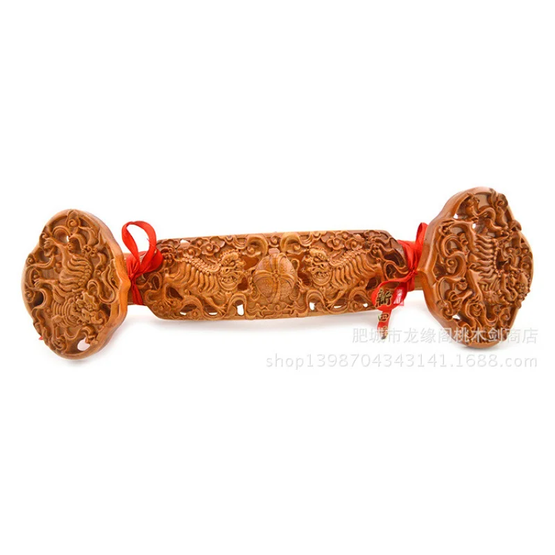 38cm Everything Goes Well Lion Peach Ruyi Ornament Horizontal Wood Carving Living Room Craft Gift
