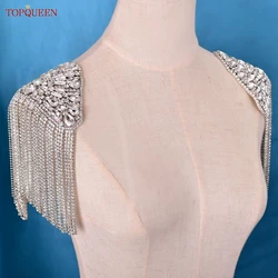 TOPQUEEN SP61 Wedding Fashion Handmade Shoulder Jewelry Tassel Rhinestones Epaulettes for Sew with Applique