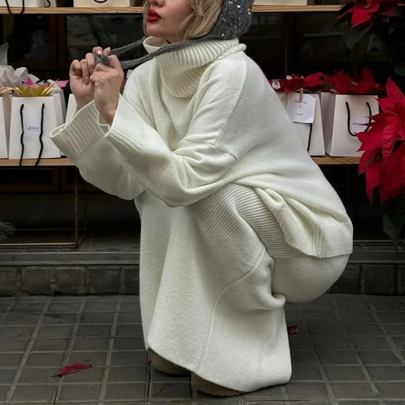 Set gonna maglione dolcevita lavorato a maglia da donna Autunno Inverno Abito caldo da donna casual in 2 pezzi tinta unita allentato