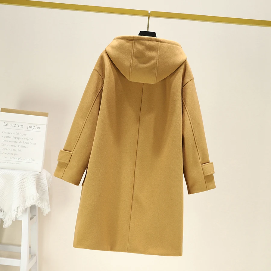 Winter Thiened Woolen Coat Women's Warm Cotton Plaid Mid-Length Hooded Jaet Korean Sle Commute Straight Tube pe
