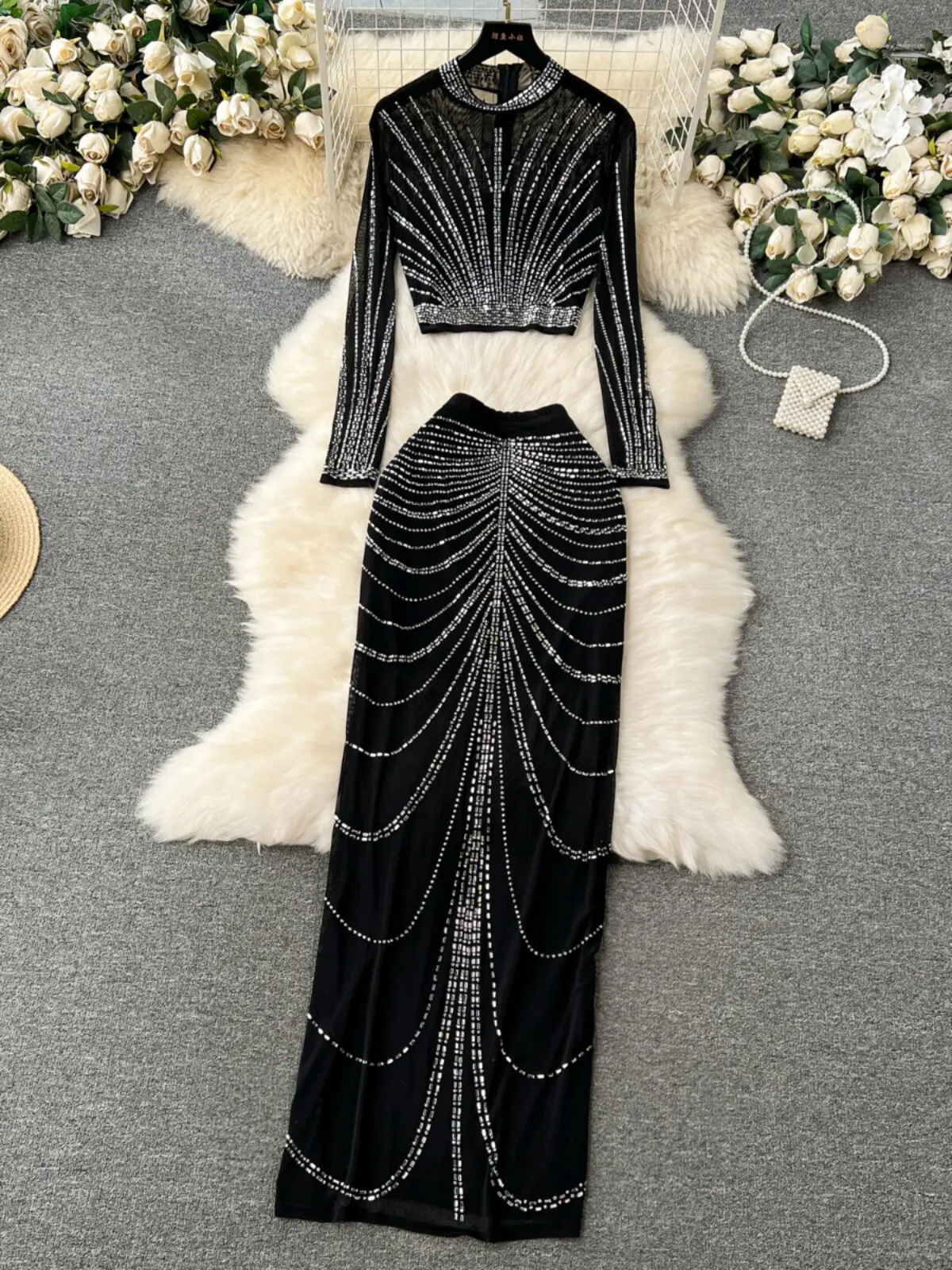 European American Socialite Style Set Women Light Luxury Heavy Hot Rhinestone Long Sleeve Top + Skirt See-through Mesh Skirt Set