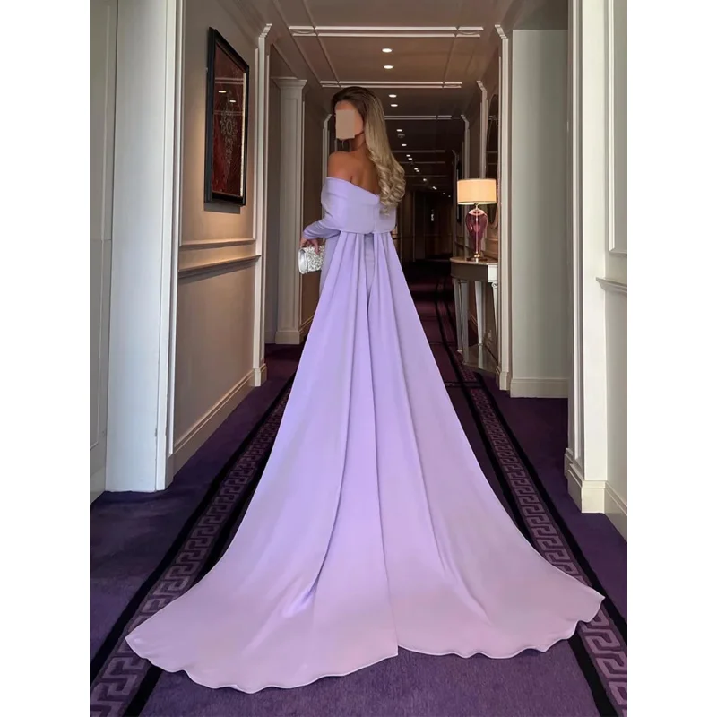 Indie Saudi Purple Mermaid Evening Gown Women's Off Shoulder Long Sleeve customized Prom Dress Arabian Special Occasion Dresses