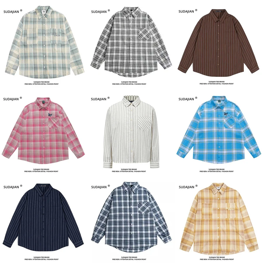 

Повседневная мужская рубашка в клетку с длинным рукавом, модная брендовая универсальная тонкая куртка с вышивкой в американском уличном стиле, на пуговицах