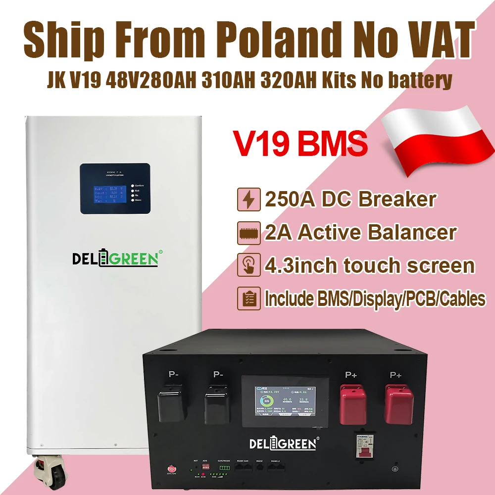 

Польша Предпродажа V19 JKBMS Lifepo4 Батарея 48 В Комплекты 280 Ач 320 Ач 15 кВтч RS485 CAN 2A Активный балансир PCB 4,3 ЖК-дисплей DIY Чехол Бесплатно налога