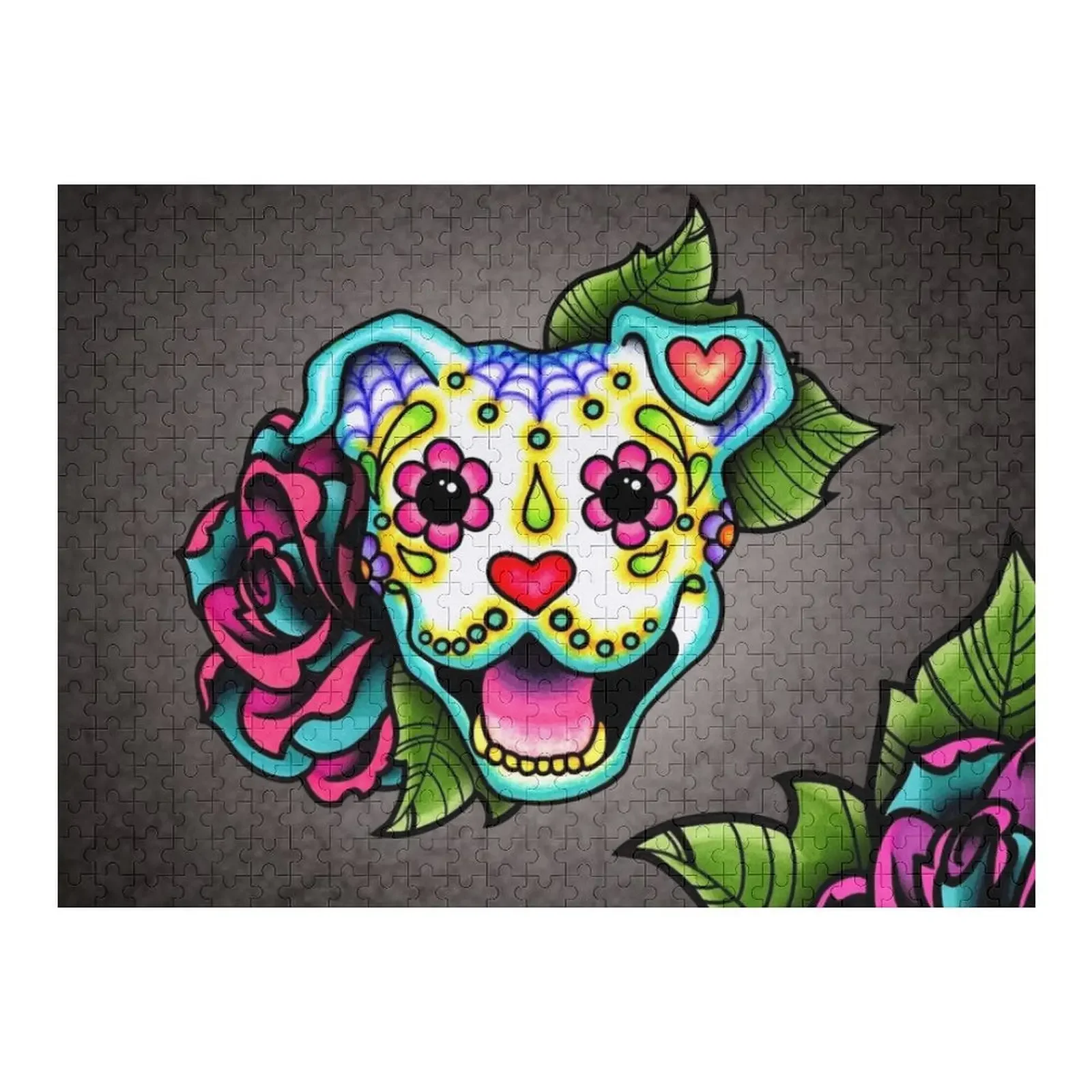 

Smiling Pit Bull in White - Day of the Dead Pitbull - Sugar Skull Dog Jigsaw Puzzle Wooden Adults Puzzle
