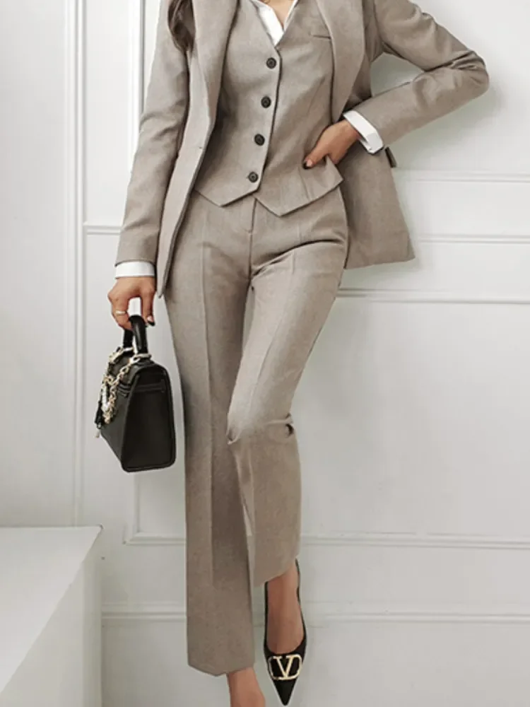 Women Vintage High Quality Office Suit Ladies Work Wear OL Pantsuits Formal Female Blazer Jacket Vest Trousers 3 Pieces Set