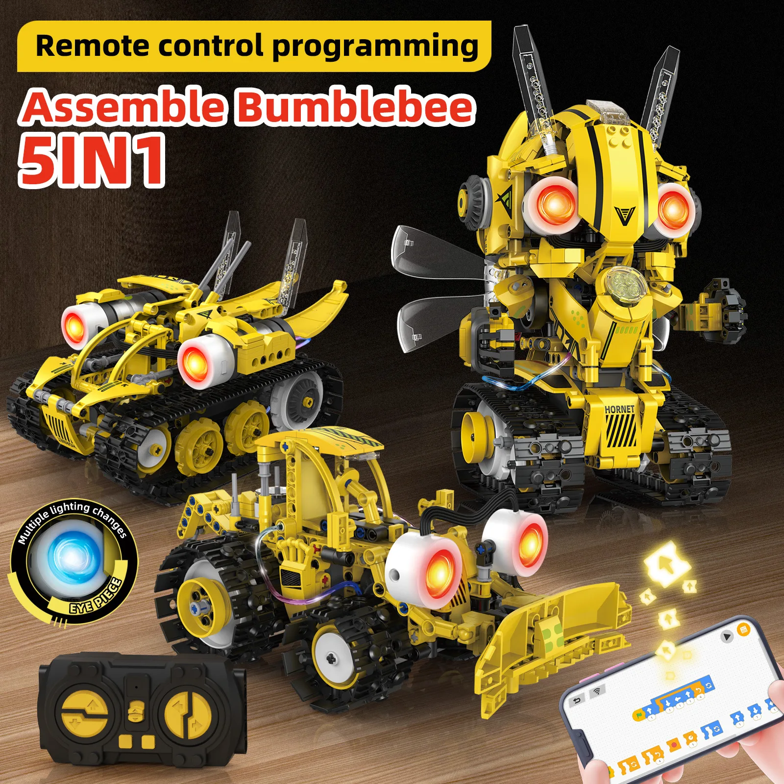 5-in-1 programmierbares Roboter-Baustein-Set, Fernbedienung/APP-Steuerung, Digitalanzeige, Farbsensor, STEM-Spielzeug für Kinder und Erwachsene